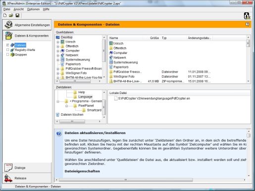 XPressAdmin - Konfiguration der zu installierenden Dateien und Zielverzeichnisse