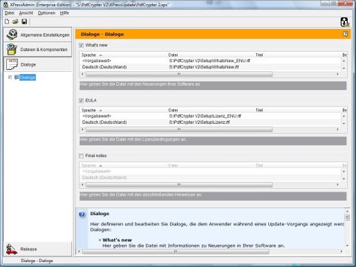 XPressAdmin - Konfiguration der Dialoge, die den Anwendern angezeigt werden (EULA, Whats new, Final notes)
